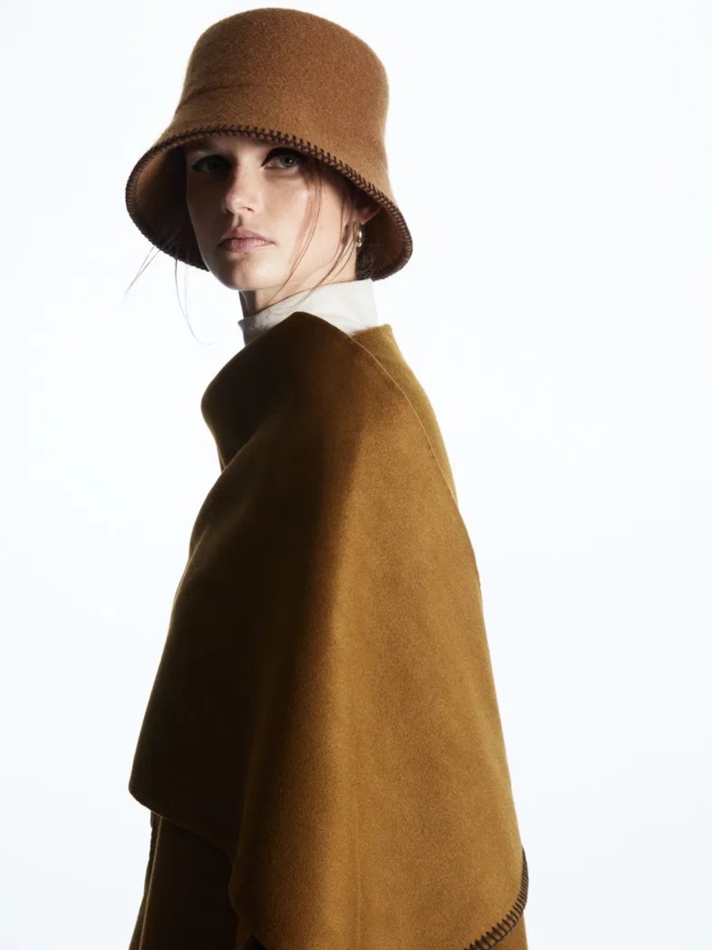 COS Brand New Brown Wool-Blend Bucket Hat with blanket-stitched edge. XS/S size.